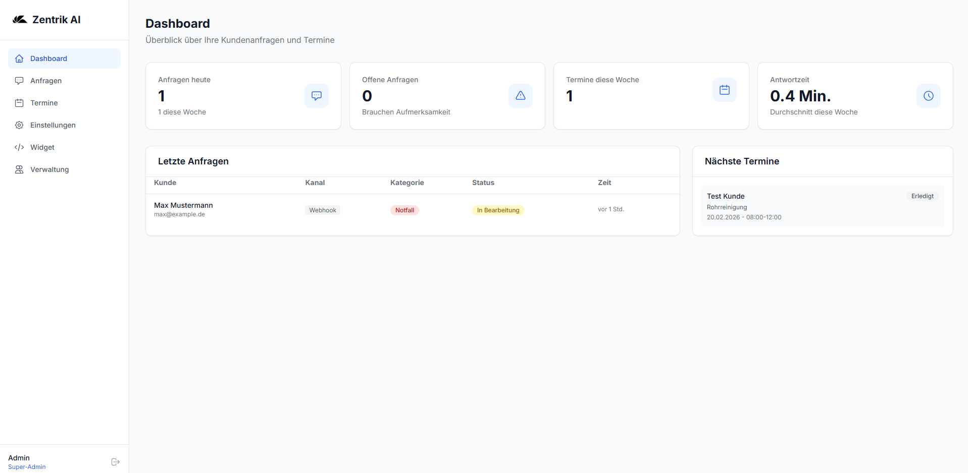 Zentrik Dashboard – alle Anfragen und Termine auf einen Blick